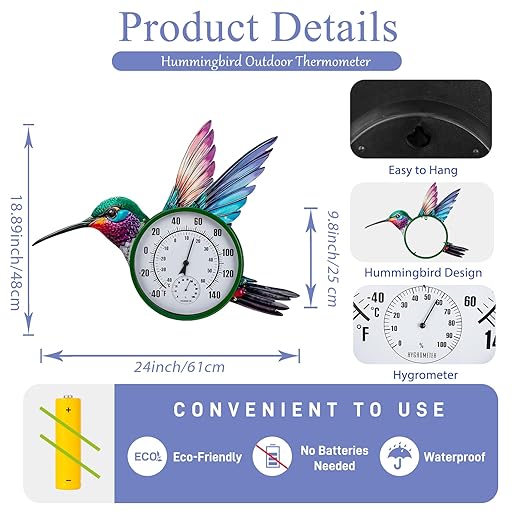 Large Outdoor Thermometer, Hummingbird Wall Thermometers Hygrometer No Need Battery, Retro Sun Outside Thermometer Decoratibve for Backyard, Garden, Living Room