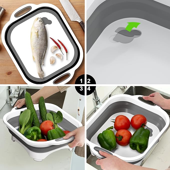 Collapsible Cutting Board,HI NINGER Camping cutting board with knife,Multifunctional Kitchen Vegetable Washing Basket Silicone Dish Tub for Camping Kitchen essentials/bbq prep tub/rv accessories