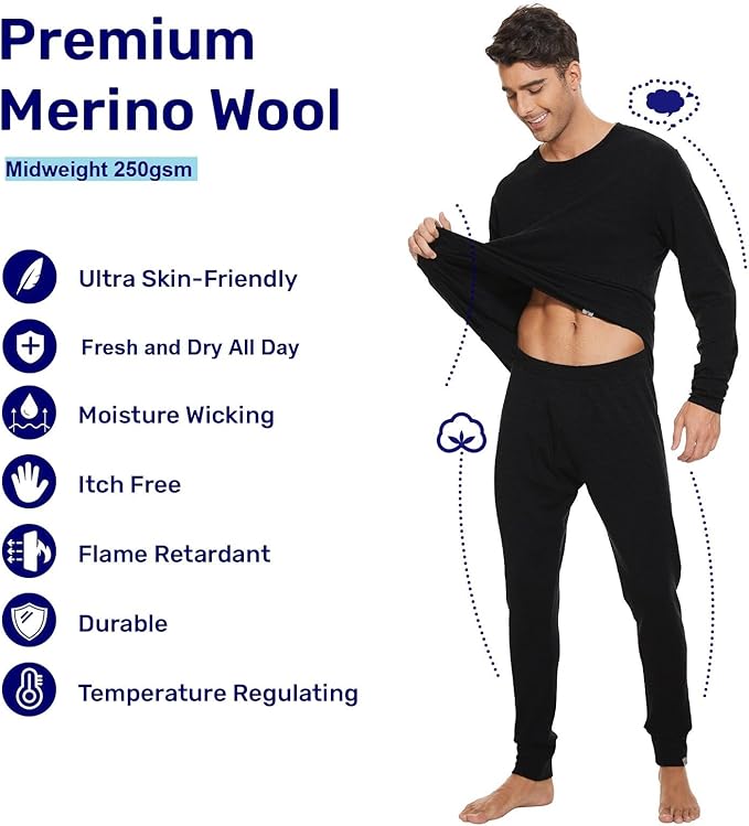 MERINNOVATION Merino Wool Base Layer Set for Men 100% Merino Wool Thermal Underwear Long Sleeve