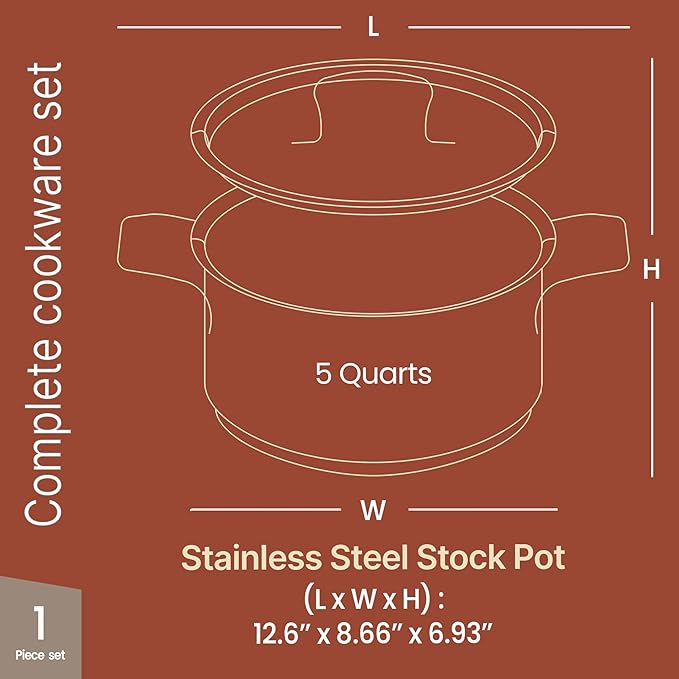 Stockpot – 5 Quart – Brushed Stainless Steel – Heavy Duty Induction Pot with Lid and Riveted Handles – For Soup, Seafood, Stock, Canning and for Catering for Large Groups and Events by BAKKEN