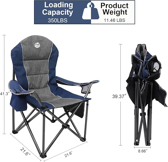 Northroad Oversized Portable Camping Chair, Full Padded Outdoor Folding Chair Support 350 LBS, Heavy Duty Lawn Chair with Cup Holder, Cooler Bag, Lumbar Support, Head Pocket for Adult-Blue