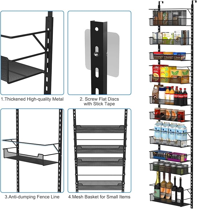 Over the Door Organizer, 10-Tier with Adjustable Bins - Kitchen Storage, Black