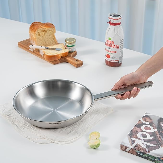 9.4-Inch 316 Stainless Steel Frying Pan, 5-Ply Stainless Steel Skillet, Induction Compatible, Dishwasher & Oven Safe