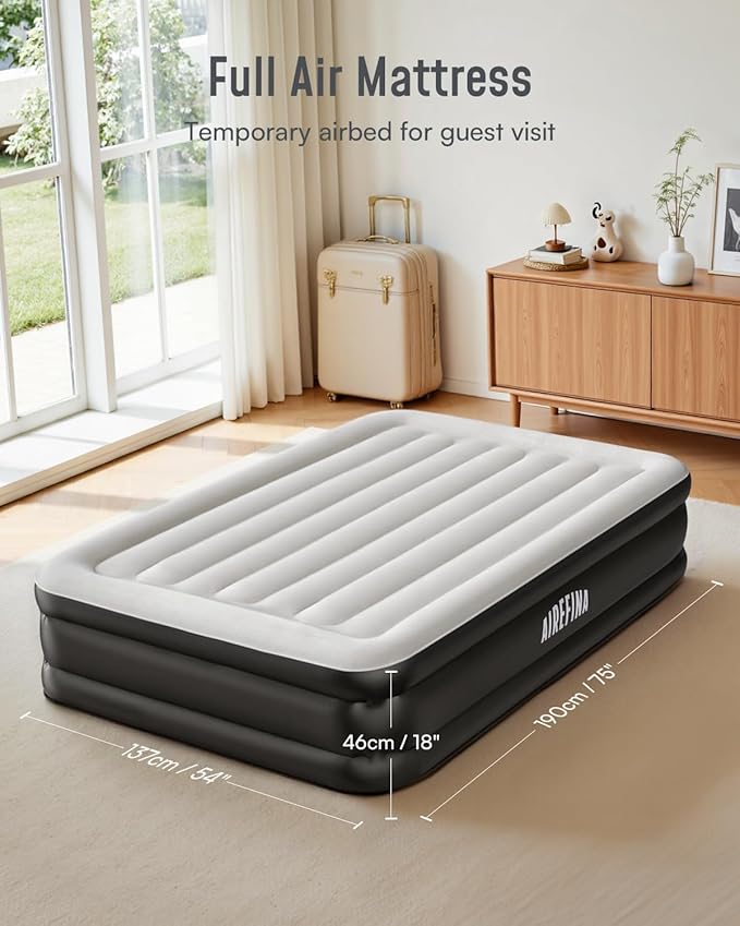 Airefina Air Mattress Full with Built in Pump, Upgraded 18'' Blow Up Mattress, Comfortable Inflatable Mattress for Home Guest Colchones Inflables Temporary Air Bed Full Size with Carry Bag 700 lbs Max