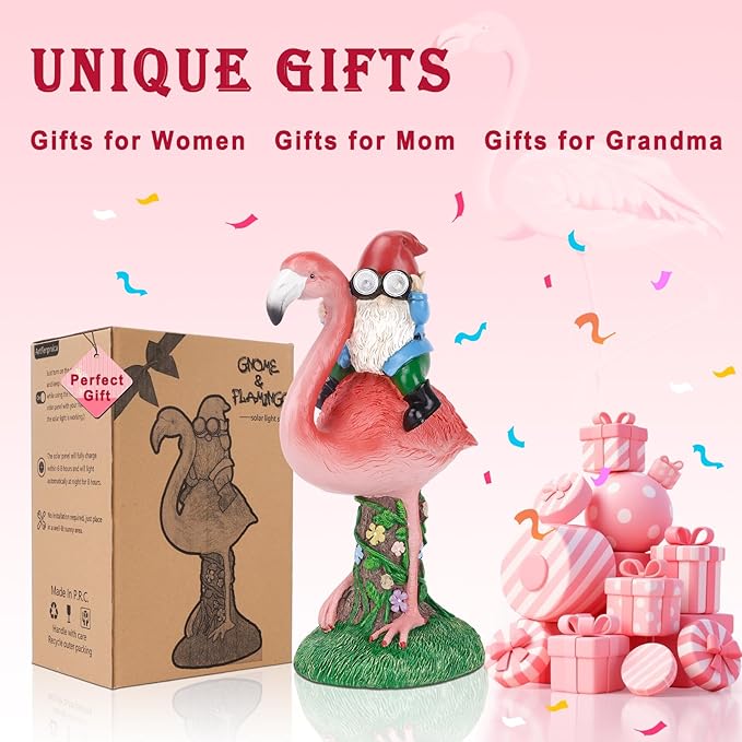 Solar Flamingo Gnome Garden Decor Statue, Outdoor Funny Solar Light Decoration for Yard, Patio, Lawn, Unique Housewarming, Birthday Gift for Women, Mom, Grandma