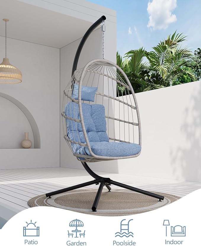 SWITTE Egg Chair Outdoor with Stand, Indoor Wicker Hanging Egg Swing Chair with Cushion, 350lbs Capacity for Patio, Bedroom, Garden - Light Blue