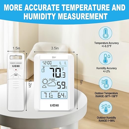 Indoor Outdoor Thermometer Wireless Weather Station Inside Outside Thermometers Hygrometer Monitor,with 330ft Range Remote Sensor, Battery Powered Backlight Display