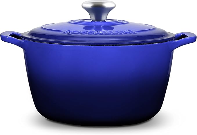 Signature Enameled Cast Iron Dutch Oven, Non-Stick Serving Pot with Tight Fitting Lid for Perfect Roasting, Baking, Sauteing, and Bread Making | 7.4Q (7L) - Indigo Blue