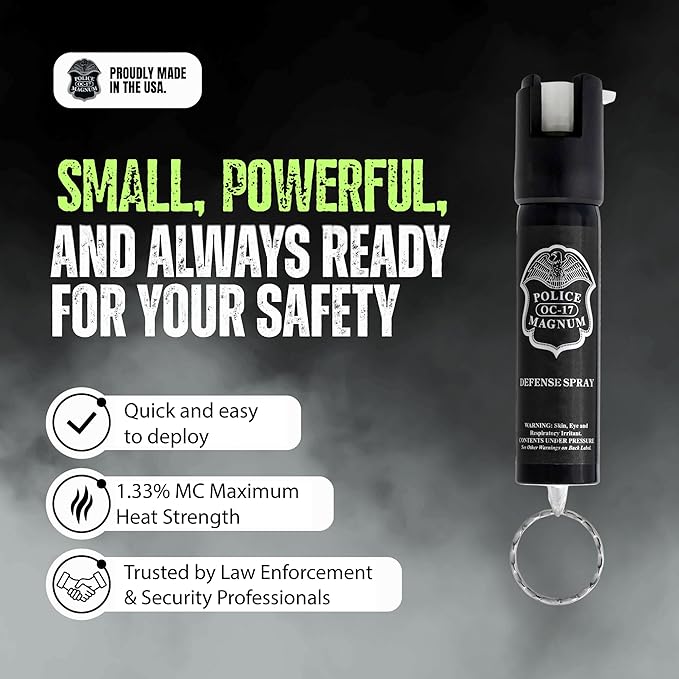Police Magnum Compact Pepper Spray Self Defense Safety Tool- Strong Built-in Keychain Holder- Small Discreet Canister- Made in The USA- 1 Pack 3/4oz Twist Lock Keyring