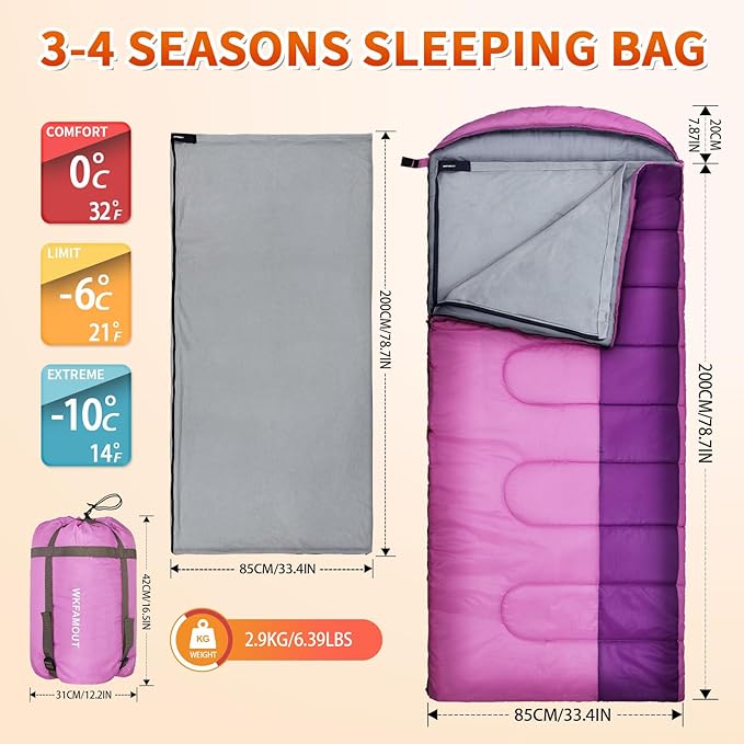 XL 10 Degree Sleeping Bags Waterproof for Adults 350GSM Machine Washable with Compression Sack for 3-4 Season Camping Outdoor