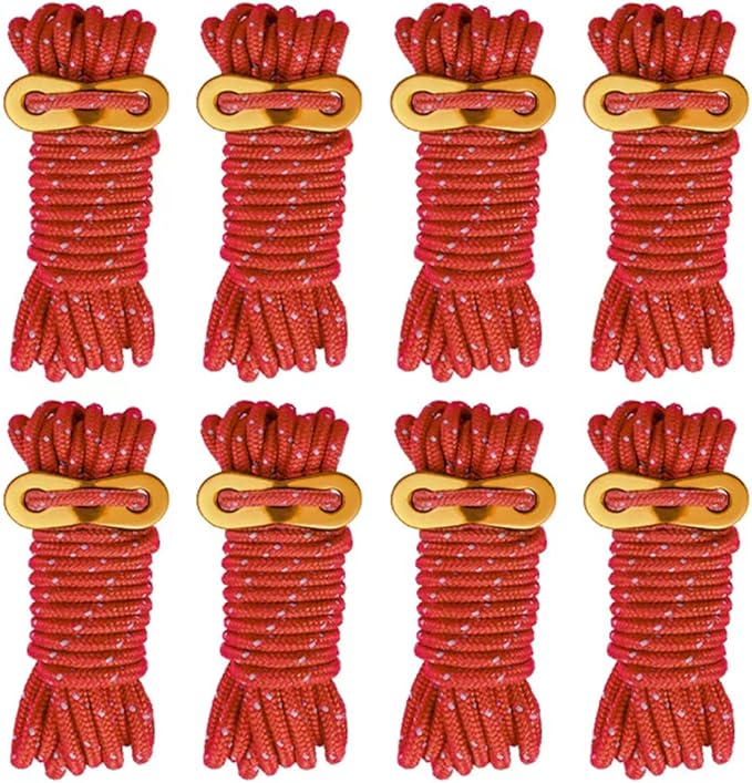 8 Pack High-Reflective Guy Lines 4mm Tent Cords High-Strength Lightweight Camp Ropes with Aluminum Adjuster Tensioner for Tent, Tying Down Tarps, Camping, Outdoor Packaging (Red, 13ft)
