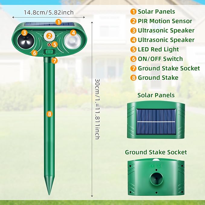4 Pack Upgraded Ultrasonic Solar Animal Repellent Outdoor,Deer Repellent Devices Motion Detection,Animal Control for Deer Cat Squirrel Rabbit Dog Repeller Waterproof Yard Garden