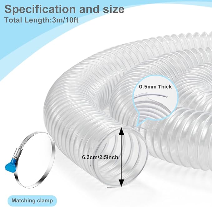 2 1/2 x 10’ Heavy Duty PVC Clear Flexible Dust & Fume Collection Hose with Carbon Steel Wire Coil, Puncture Resistant Hoses for Collectors