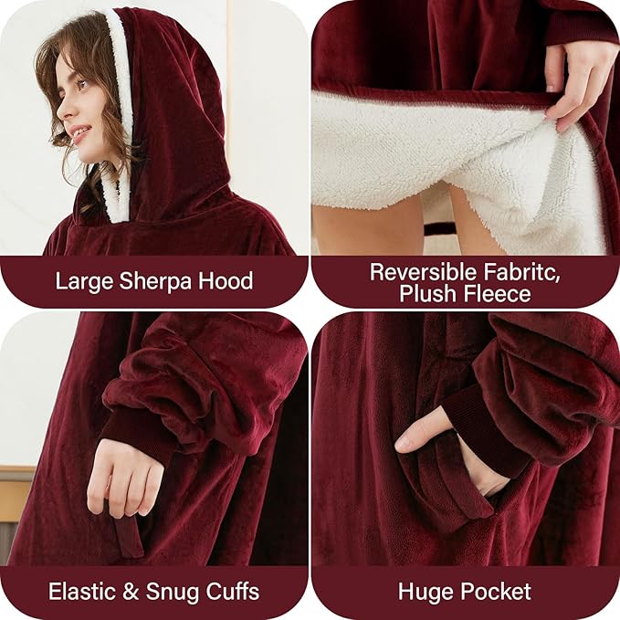 LetsFunny Blanket Hoodie,Oversized Wearable Sherpa Fleece Blanket Sweatshirt,Super Soft Warm Cozy with Giant Pocket,Gifts for Women Men Adults Teenagers Kids, One Size Fits All