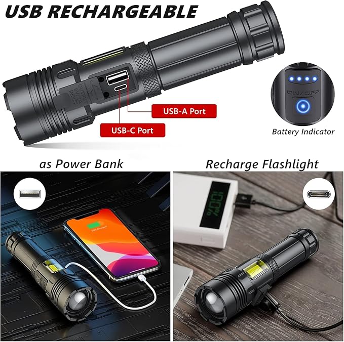 Flashlights High Lumens 2 Pack, Rechargeable Flashlight Super Bright Flash Light with Red Light,COB Work Light,IPX6 Waterproof Powerful Flashlight for Home Camping Disaster (2)