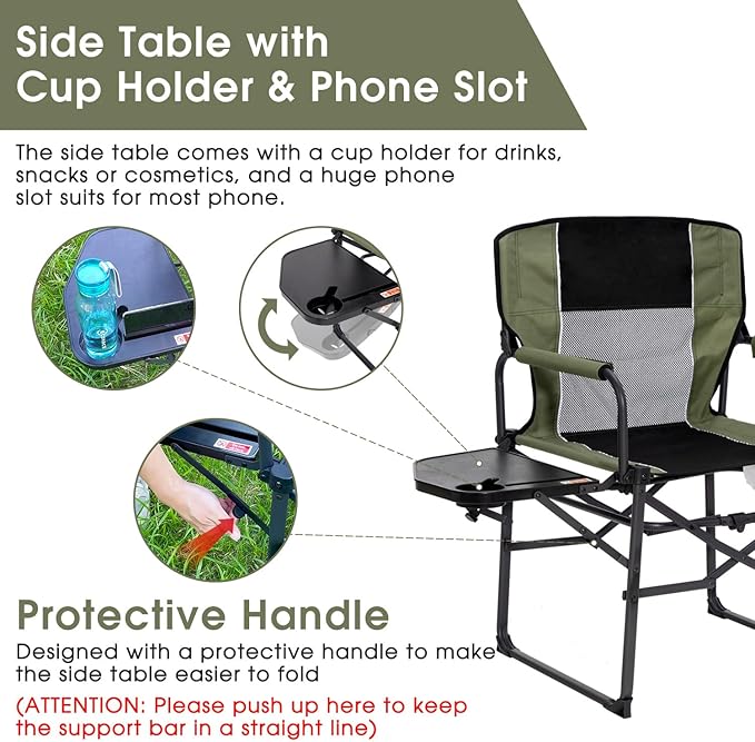 Wide Folding Director Chair with Table, Outdoor Camping Chair for Adults with Cup Holder Load 330 Lbs, Portable Lightweight Chair for Outside with Carry Bag for Patio, Green-2Pack