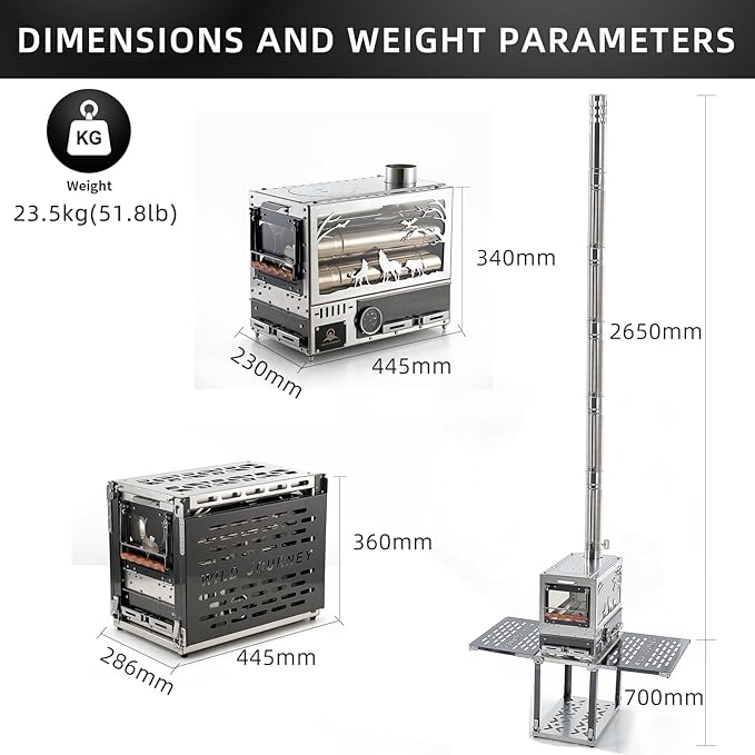 M8 Wood Burning Stove with Oven & Folding Camping Table, Stainless Steel Portable Hot Tent Stove, Including 6 Chimney Pipes, for Camping, Tents, Cooking and Travel (Silver)