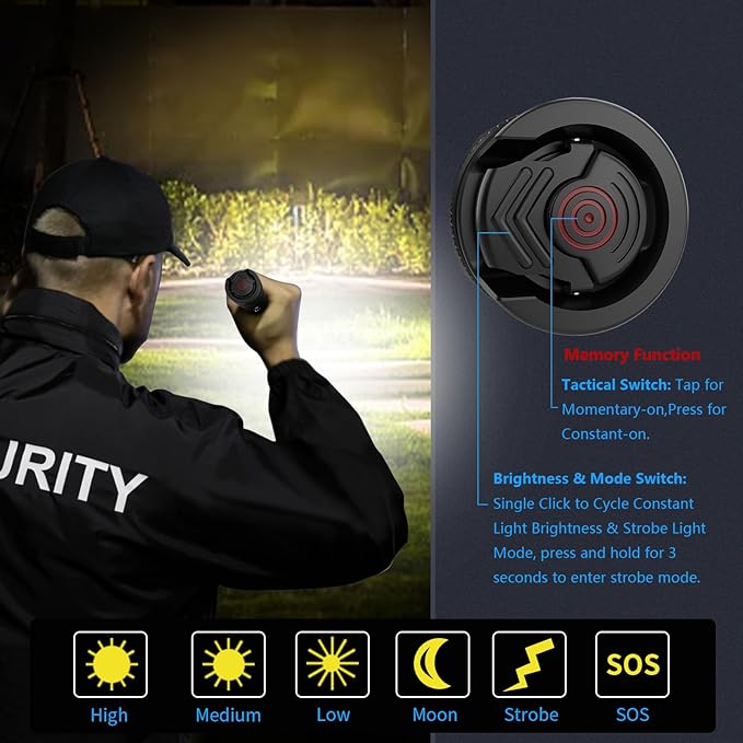 Zoomable Tactical Flashlight High Lumens-5000LM, 6 Modes,Dual Switches,Window Glass Breaker,10 hours Runtime,Memory Function,Waterproof,USB-C Rechargeable for Defense, Security, Outdoor&Emergency