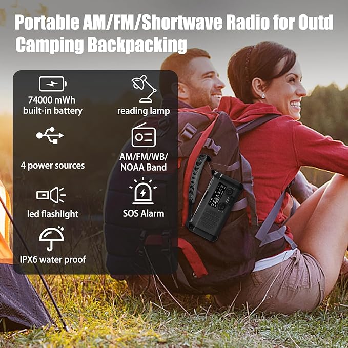 Hand Crank Emergency Radio,74000mWh Solar Powered Portable NOAA AM FM Weather Radio with 3 Mode Flashlight and Reading Light,Cell Phone Charger,Home and Emergency Distress Signal (Black)