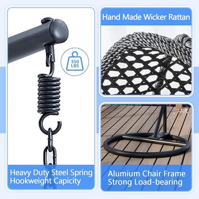 JUFU Egg Swing Chair with Stand,Hanging Egg Chair Indoor Outdoor,Hammock Hanging Basket Chair with Aluminum Steel Frame，Patio Egg Chair with Removable Cushions for Patio Balcony Backyard,Bedrooms