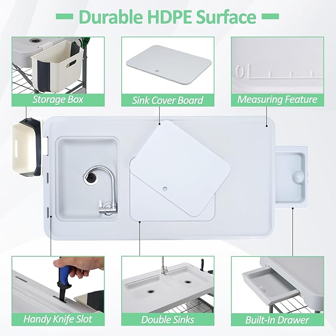 Dragosum 42'' Outdoor Fish Cleaning Table Portable Camping Sink Station with Double Sinks, Collapsible Swivel Faucet, Picnic Sink Table for Picnic Beach Patio