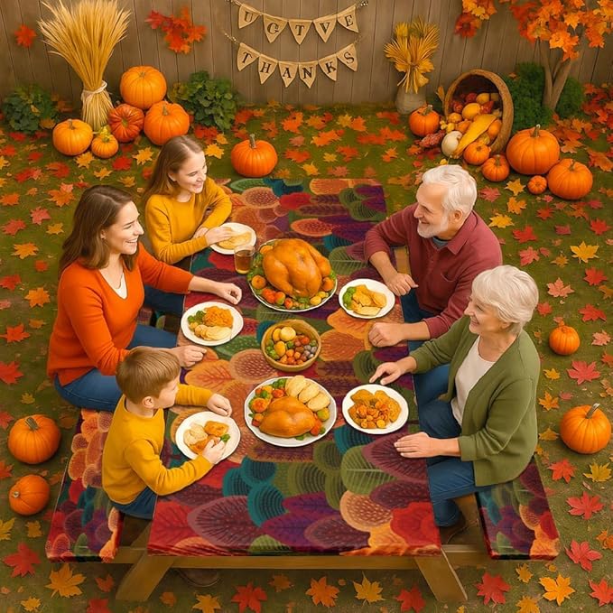 Picnic Table Cover with Bench Covers Elastic Edges, Fall Tree Fitted Table Cover, Outdoor Patio Camping Essentials 72 Inch 3PCS, Waterproof Camping Fitted Tablecloth with Drawstring Bag