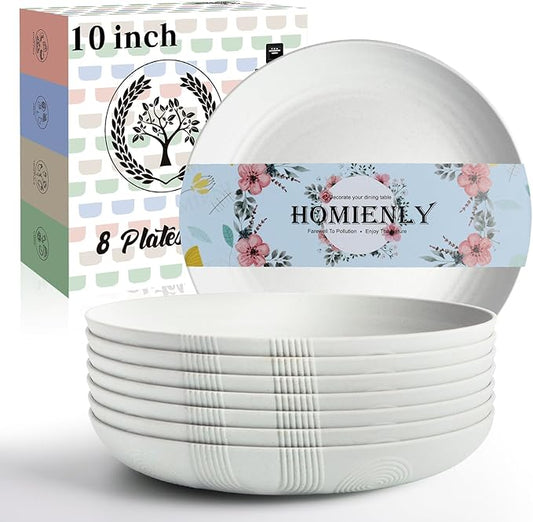 Homienly Deep Dinner Plates, Wheat Straw Plates 10 inch Set of 8, Unbreakable Plates for Kitchen, Kids, Lightweight Microwave and Dishwasher Safe Camping Plate Set for Salad, Dinner, Fruit - White