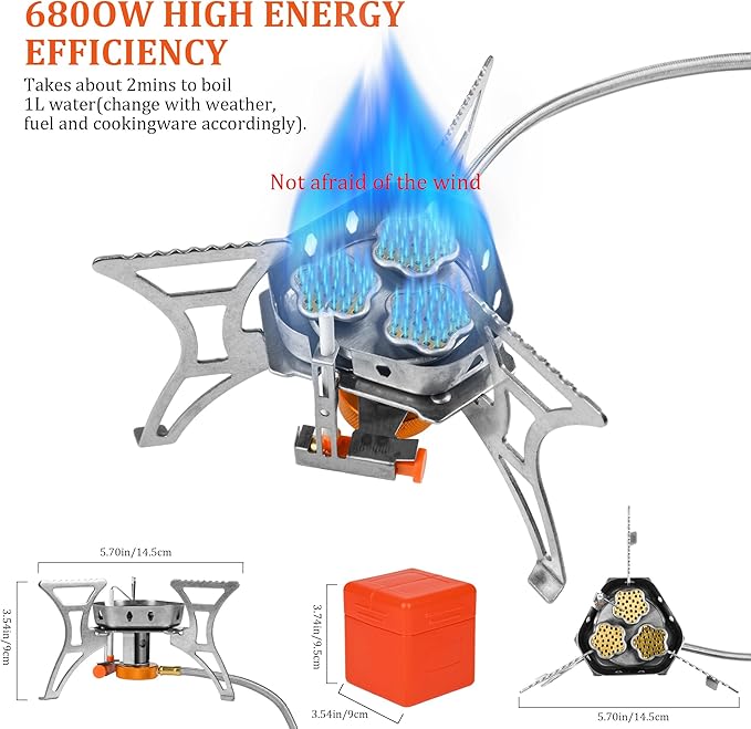 6800W Portable Windproof Camping Stove - Foldable Backpacking Stove with Piezo Ignition, Fuel Canister Adapter & Carry Case for Outdoor Cooking, Hiking & Picnics