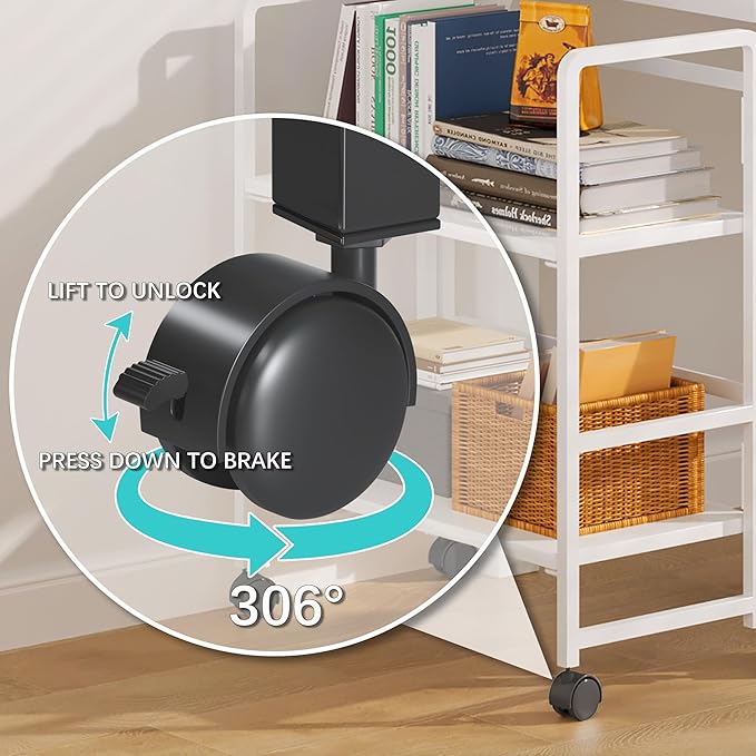 4NM 2 Tiers No-Assembly Folding Bookshelf with Wheels, Portable Rolling Storage Foldable Bookcase & Compact Side Table for Living Room, Bedroom, Kitchen, Bathroom (All White)