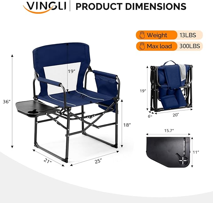 VINGLI Camping Chairs, Directors Chair, Camping Chair with Side Table & Carry Bag，Heavy Duty Camping Chairs for Adults, Portable Folding Camping Chair, Pocket for Beach, Fishing,Trip,Picnic,Lawn-Blue