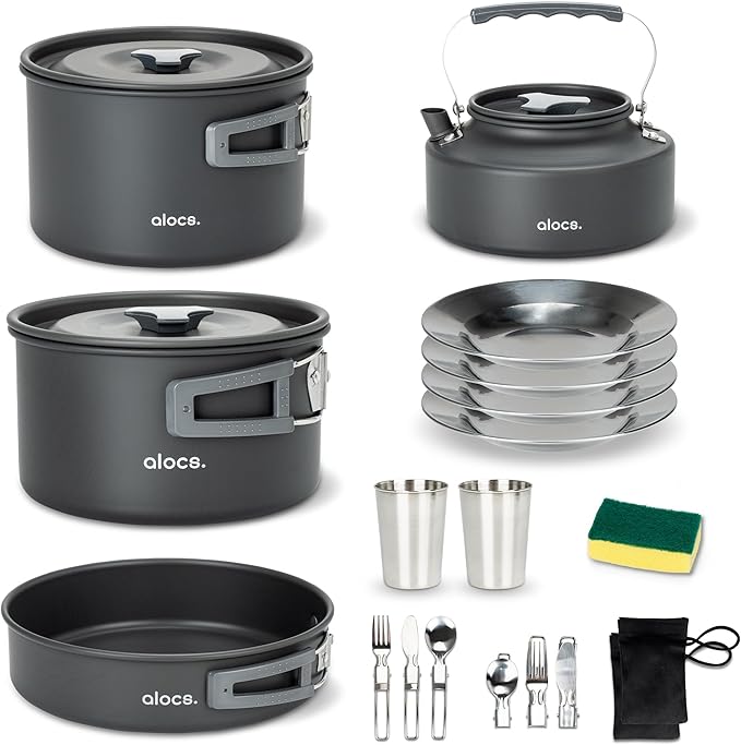 Alocs 17pcs Camping Cookware Set - Lightweight Camping Cookware Mess Kit for 2 - Portable Outdoor Cookware with Kettle - Camping Pots and Pans Set with Stainless Steel Cups Plates Forks Knives Spoons