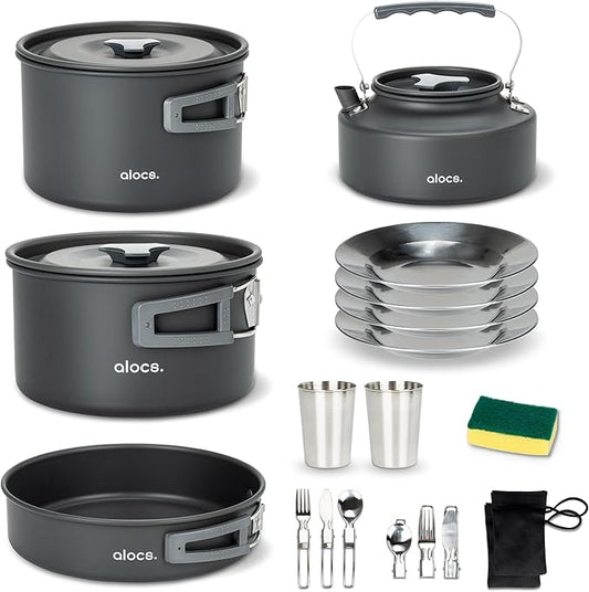 Alocs 17pcs Camping Cookware Set - Lightweight Camping Cookware Mess Kit for 2 - Portable Outdoor Cookware with Kettle - Camping Pots and Pans Set with Stainless Steel Cups Plates Forks Knives Spoons