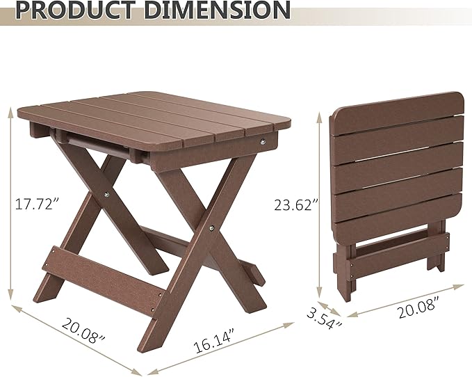 TORVA Outdoor Adirondack Foldable Side Table,Patio End Table for Poolside Garden, Weather Resistant Coffee Table -Plastic High-Density PE（Brown Color-floldable