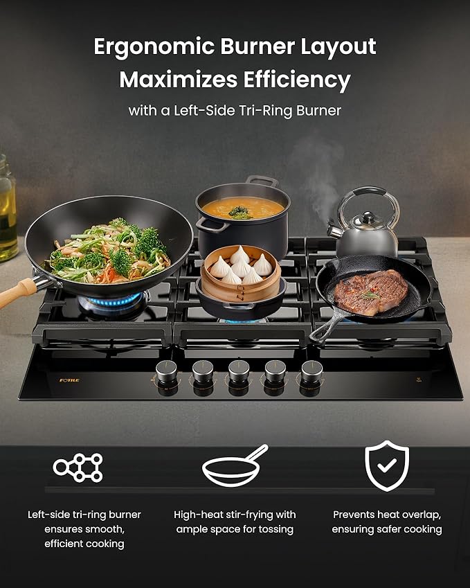 FOTILE GLG36501 36” Black Tempered Glass 5-Burner Gas Cooktop, Tri-Ring 18,000 BTUs Left Burner with Flame Failure Protection Removable Grates and Installation/LP Kit