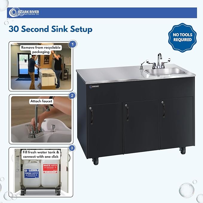 Ozark River Portable Sinks, Advantage S1D, Black Laminate Cabinet-Stainless Countertop, Hot Water Hand Washing Station with Countertop & Storage Space, Self Contained Sink, Portable Hand Washing Sink