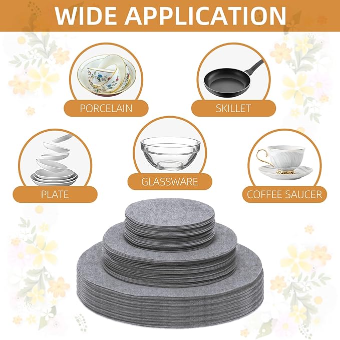 Plate China Storage Dividers, 144 Pieces with 3 Different Sizes Premium Felt Plate Dividers Round China Dish Protectors for Porcelain Cookware Protecting and Stacking, Gray