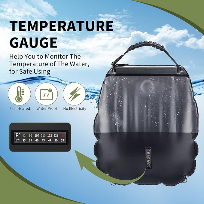 Solar Portable Shower Bag, 5 Gal/20L Solar Heating Camping Shower Bag with Removable Hose&On-Off Switchable Shower Head, Compact Camping Shower for Camping, Hiking, Traveling, Beach Swimming