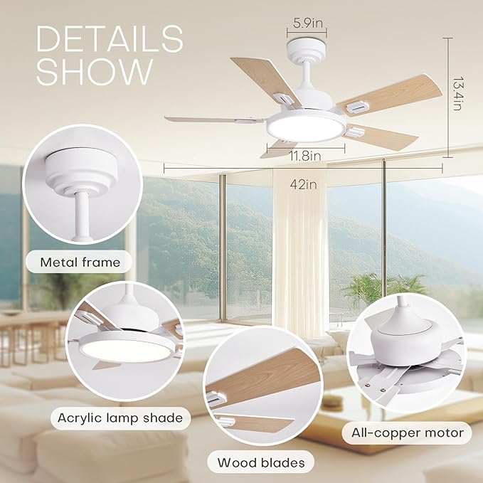 42" Ceiling Fans with Lights Remote Control, White Ceiling Fan with Dimmable LED Light 3CCT, 6 Speeds Reversible Wood Ceiling Fan Light for Bedroom, Farmhouse, Garage, Indoor Use