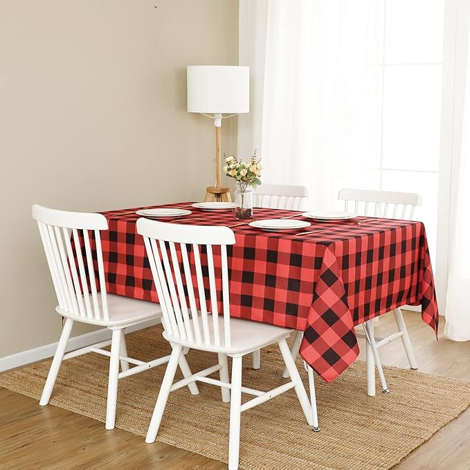 Softalker Christmas Gingham Checkered Rectangle Tablecloth - Buffalo Plaid Farmhouse Table Cloth Waterproof Stain Resistant Table Cover for Kitchen/Party/Holiday - Black and Red, 54 x 120 Inch