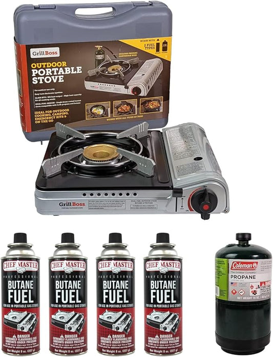 Dual Fuel Portable Stove Combo, Dual Fuel Butane & Propane Stove, 12K BTU Portable Camping Stoves w/ 4 x 8 oz. Butane Tin Canister for Camping, Emergencies & Outdoor Cooking, Grill by Grill Boss 90057