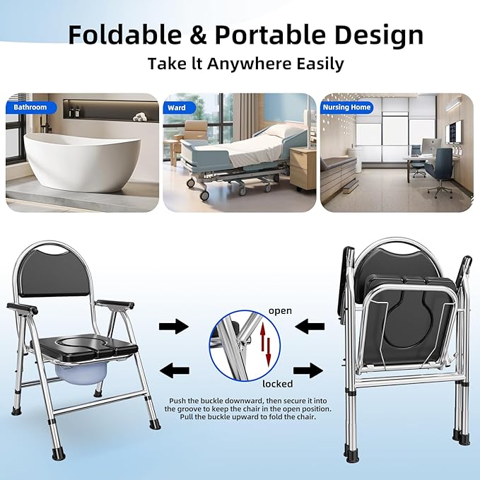 4 in 1 Folding Bedside Commode Chair for Elderly with Arms and Back,Adjustable Height Raised Toilet Seat with Handles,Adults Potty Chair for Seniors,Disabled Holds Up to 350 lbs (PU Soft Seat)