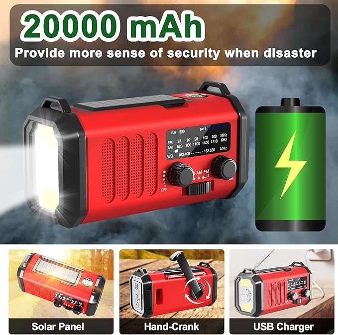 Emergency Radio NOAA Weather Radio Hand Crank & Solar Charging 20000mAh/74000mWh Rechargeable Battery Built-in Flashlight Reading Light & SOS AM/FM & Portable for Camping & Emergencies