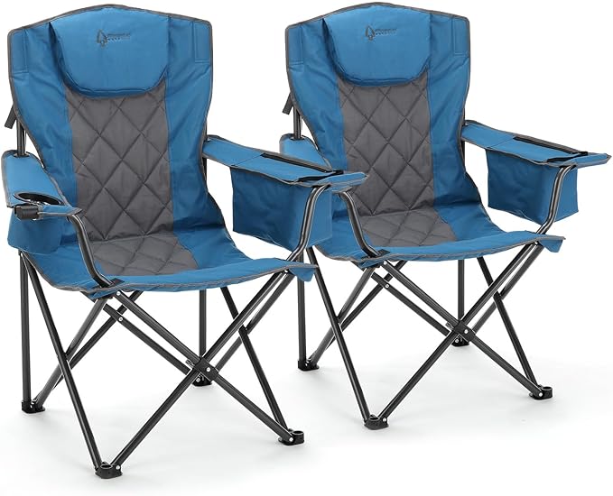 ARROWHEAD OUTDOOR 2-Pack Portable Folding Camping Quad Chair w/ 6-Can Cooler, Cup & Wine Glass Holders, Heavy-Duty Carrying Bag, Padded Armrests, Headrest & Seat, Supports up to 550lbs