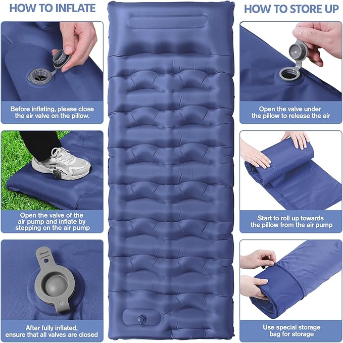 Sleeping Pad, 6" Extra Thick Camping Mat with Pillow Built-in Foot Pump, Ultra Comfortable Inflatable Sleeping Mat for Camping, Backpacking, Hiking, Camp Tent - Enjoy a Comfy Sleep
