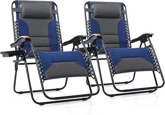 PHI VILLA XXL Oversized Padded Zero Gravity Chair, Foldable Patio Recliner, 30" Wide Seat Anti Gravity Lounger with Cup Holder, Set of 2, Support 400 LBS (Thumb Blue)