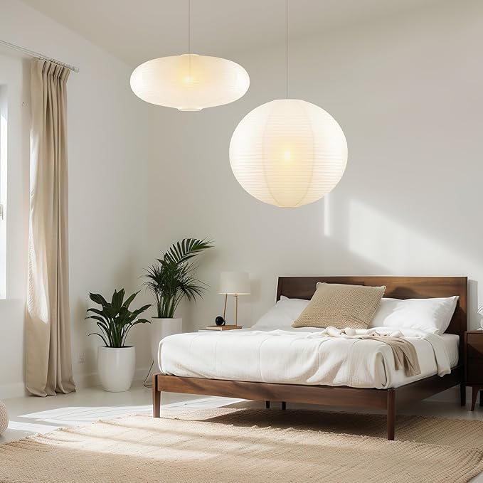 2 Pcs Chinese Paper Lanterns 20 Inch White Lampshade, Large Round and Oblate Pendant Lamp Shade, Rice Paper Lampshade Ceiling Foldable light shade for Interior Home Decoration