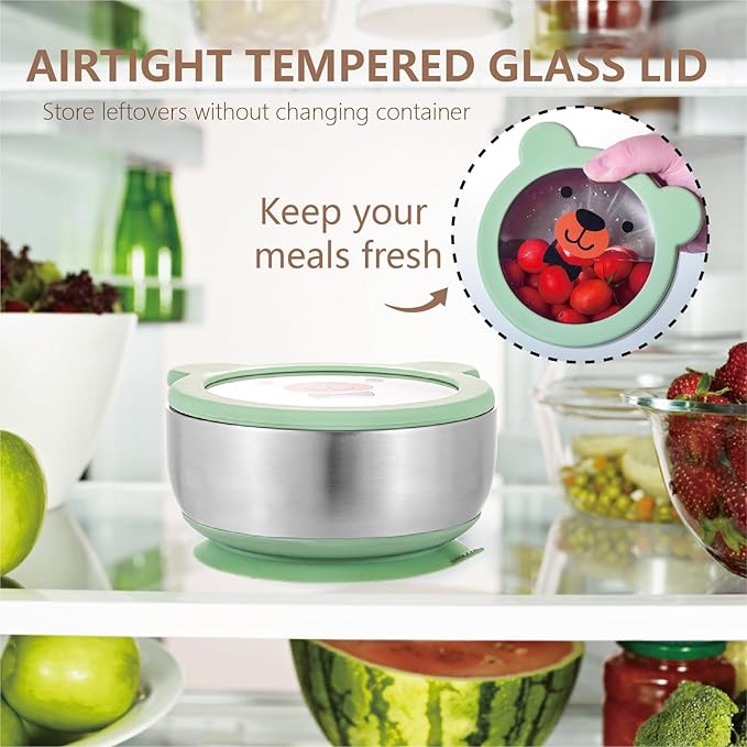 MR. CHOU Baby Bowls with Non-Slip Silicone Suction Cup, Insulated Double-Layer 304 Stainless Steel Toddler Bowls with BPA Free Airtight Lids, Food-Grade Silicone Safe for Kids (Green)