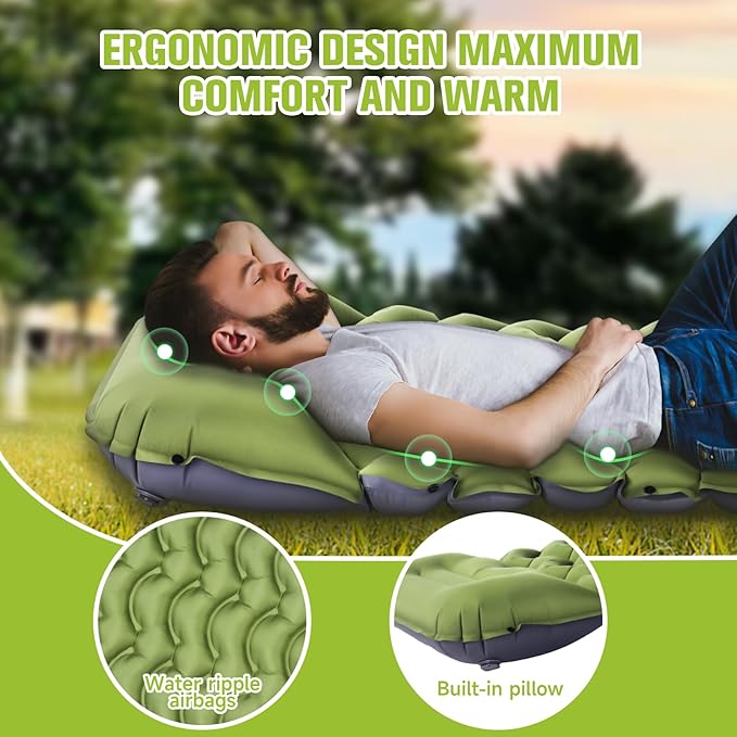 Sleeping Pad, Ultralight Inflatable Sleeping Pad for Camping with Pillow, Built-in Pump, Ultimate for Camping, Hiking - Airpad, Carry Bag, Repair Kit, Compact & Lightweight Camping Pad(Green)