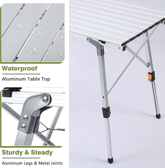 Folding Outdoor Camping Table with Adjustable Legs, Lightweight Aluminum Roll Up Camp Table with Carrying Bag, Mesh Storage Organizer, for Cooking, Picnic, Beach, Backyards, BBQ, Party