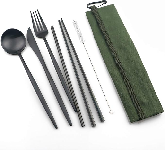 Portable 6 Pieces Flatware Set, 304 Stainless Steel Knife, Fork, Spoon, Chopsticks, Metal Straw, Cleaning Brush, Durable Travel Cutlery Set, Army Green Pouch Bag, Black